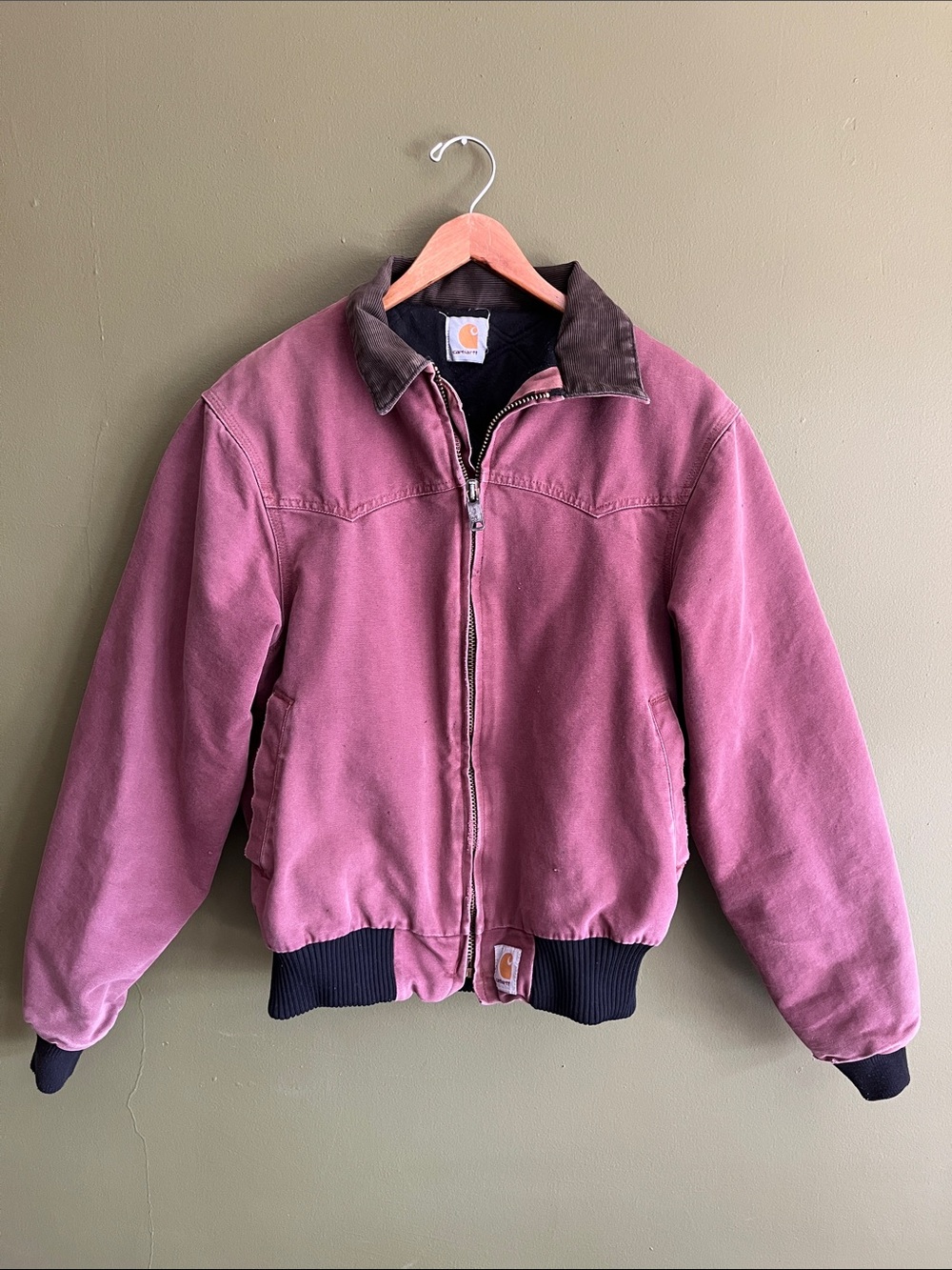Carhartt Vintage Canvas Bomber Jacket in Dusty Rose with Brown Corduroy Collar